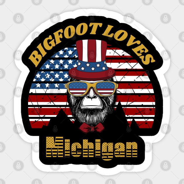 Bigfoot loves America and Michigan Sticker by Scovel Design Shop